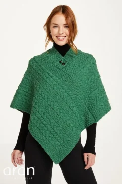 Hot Sweater Shop One Size Cable knit Poncho with Buttons Kelly Green