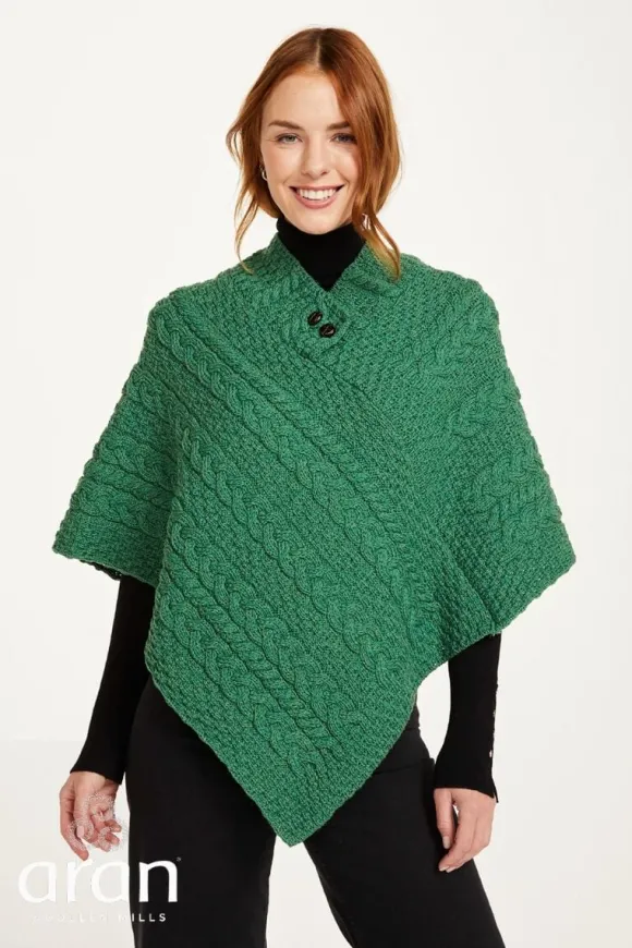 Hot Sweater Shop One Size Cable knit Poncho with Buttons Kelly Green