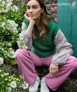 Sale Sweater Shop Pansy V Neck Aran Vest Green Marl