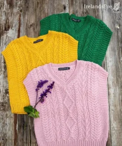 Sale Sweater Shop Pansy V Neck Aran Vest Green Marl