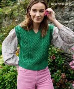 Sale Sweater Shop Pansy V Neck Aran Vest Green Marl