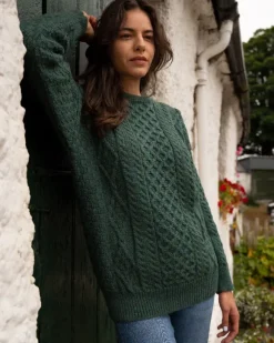 New Sweater Shop Pure Wool Unisex Aran Sweater Moss Green