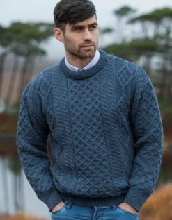 Fashion Sweater Shop Pure Wool Unisex Aran Sweater Denim