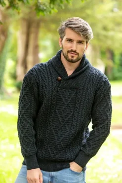 Online Sweater Shop Shawl Neck Aran Sweater Blackwatch
