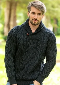Online Sweater Shop Shawl Neck Aran Sweater Blackwatch