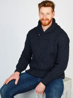 Online Sweater Shop Shawl Neck Aran Sweater Blackwatch