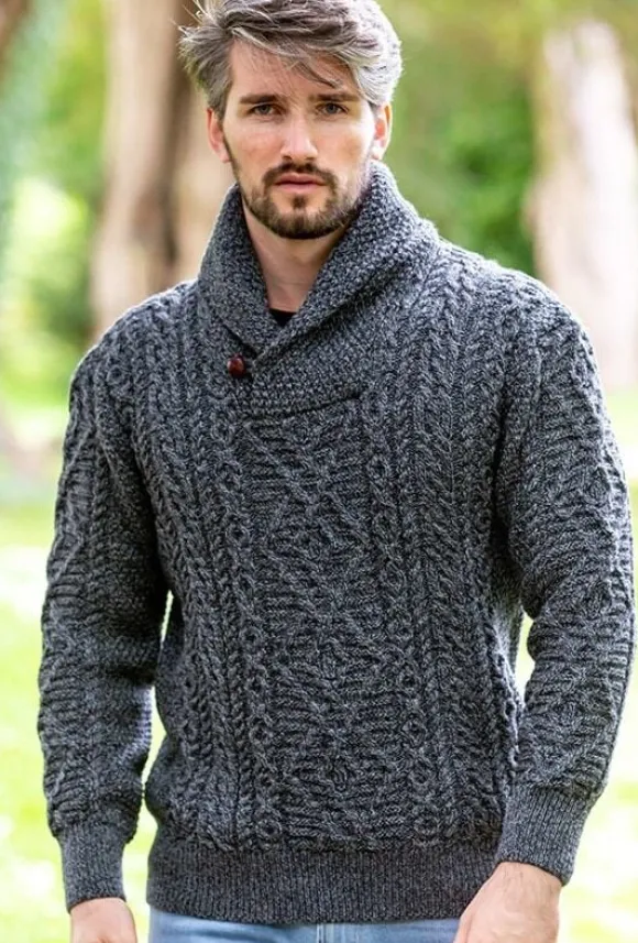Sale Sweater Shop Shawl Neck Aran Sweater Slate