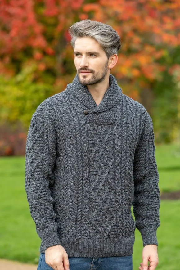 Sale Sweater Shop Shawl Neck Aran Sweater Slate