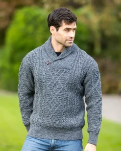 Sale Sweater Shop Shawl Neck Aran Sweater Slate