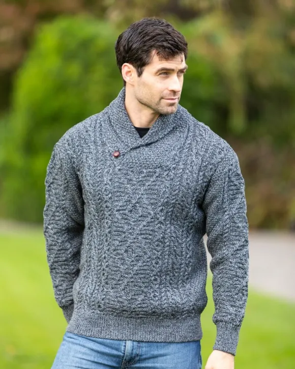 Sale Sweater Shop Shawl Neck Aran Sweater Slate