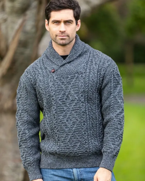 Sale Sweater Shop Shawl Neck Aran Sweater Slate