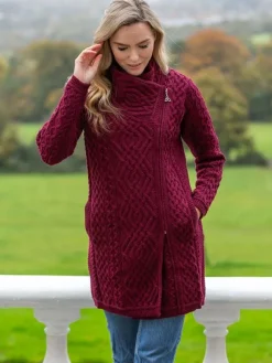 Hot Sweater Shop Side Zip Aran Coat Burgundy