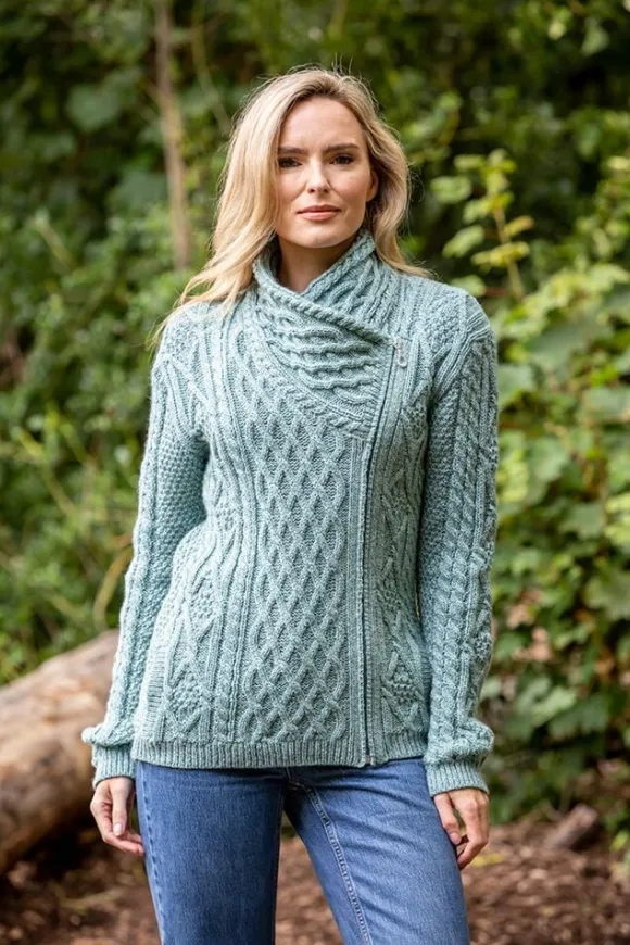 Hot Sweater Shop Side Zip Cable knit Sweater with Claddagh Zip