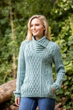 Hot Sweater Shop Side Zip Cable knit Sweater with Claddagh Zip