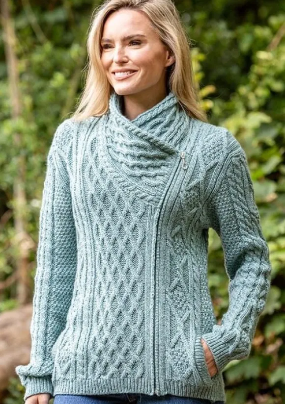 Hot Sweater Shop Side Zip Cable knit Sweater with Claddagh Zip
