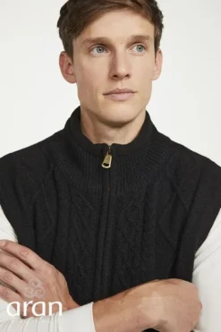Online Sweater Shop Sleeveless Lined Shetland Wool Aran Cardigan black