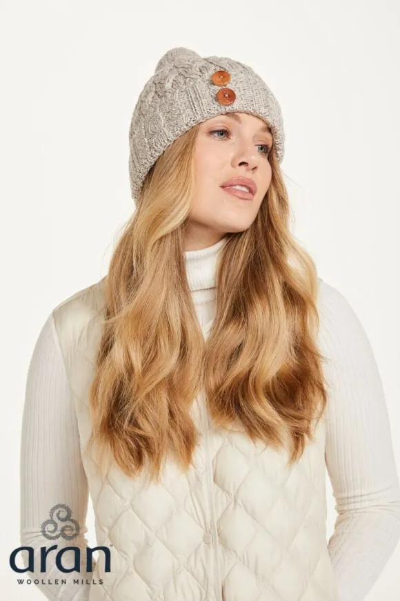 Fashion Sweater Shop Super Soft Aran Hat with Triskelion Buttons Oatmeal
