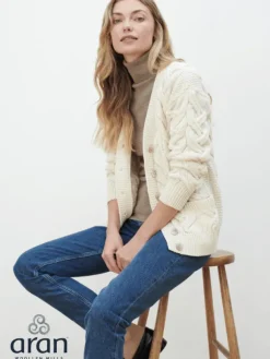 Fashion Sweater Shop Super Soft Aran V Neck Cardigan Natural