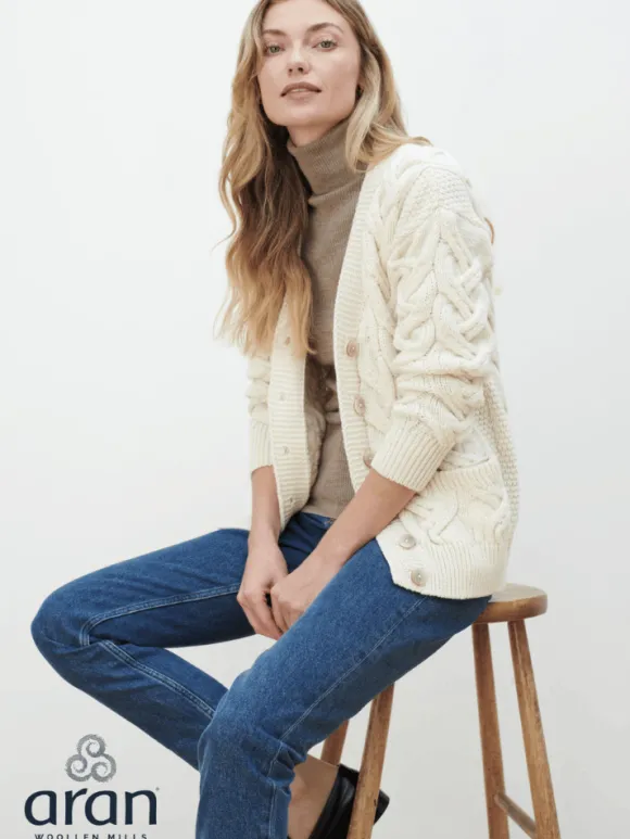 Fashion Sweater Shop Super Soft Aran V Neck Cardigan Natural