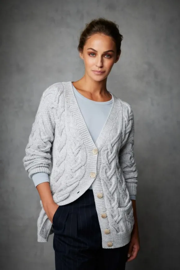 New Sweater Shop Super Soft Aran V Neck Cardigan Silver