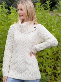 Outlet Sweater Shop Supersoft Button Neck Sweater - Natural