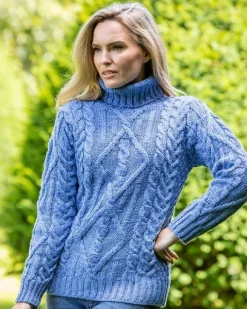 Hot Sweater Shop Turtleneck Aran Sweater Blue