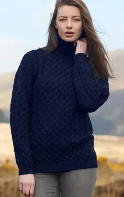 New Sweater Shop Unisex Aran Turtleneck Sweater Navy
