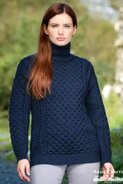 New Sweater Shop Unisex Aran Turtleneck Sweater Navy