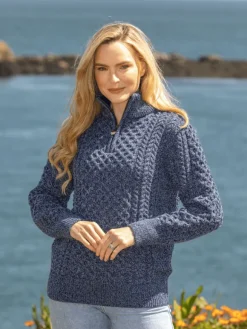 Hot Sweater Shop Unisex Half Zip Merino Wool Sweater Denim marl