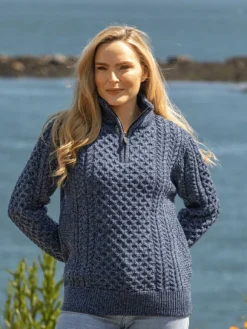 Hot Sweater Shop Unisex Half Zip Merino Wool Sweater Denim marl