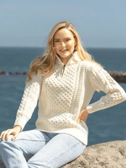 Fashion Sweater Shop Unisex Half Zip Merino Wool Sweater Natural