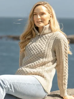 New Sweater Shop Unisex Half Zip Merino Wool Sweater Parsnip
