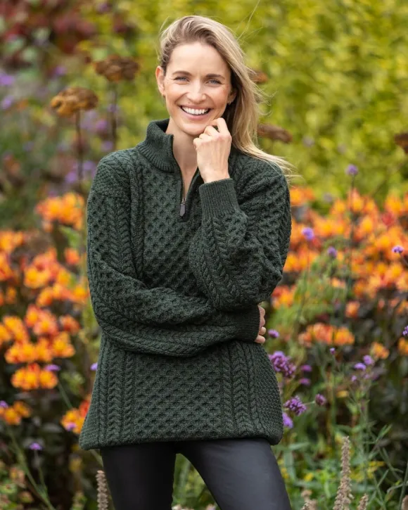 Outlet Sweater Shop Unisex Half Zip Merino Wool Sweater Green Marl