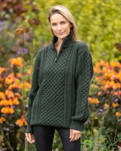Outlet Sweater Shop Unisex Half Zip Merino Wool Sweater Green Marl