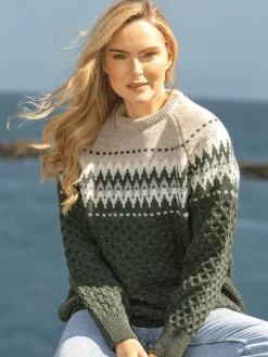 Best Sweater Shop Unisex Merino Wool Aran Fairisle Sweater Army
