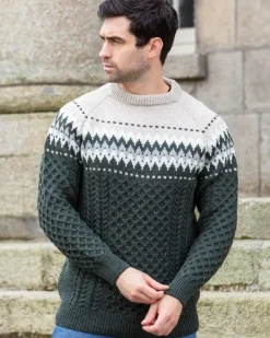 Hot Sweater Shop Unisex Merino Wool Aran Fairisle Sweater Army Green