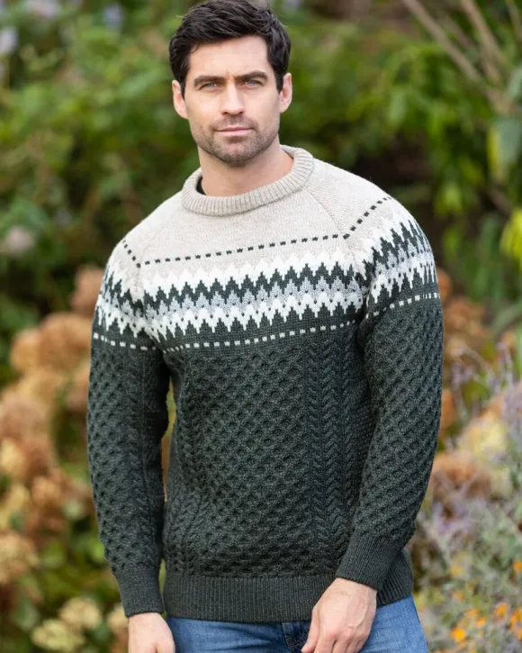 Hot Sweater Shop Unisex Merino Wool Aran Fairisle Sweater Army Green