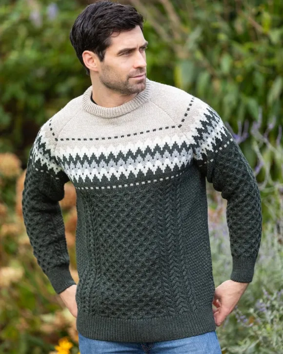 Hot Sweater Shop Unisex Merino Wool Aran Fairisle Sweater Army Green