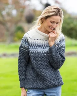 Clearance Sweater Shop Unisex Merino Wool Aran Fairisle Sweater Slate