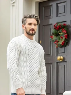 Fashion Sweater Shop Unisex Merino Wool Aran Sweater - Natural