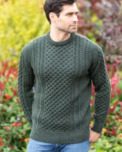 Hot Sweater Shop Unisex Merino Wool Aran Sweater - Army Green