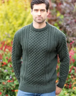 Hot Sweater Shop Unisex Merino Wool Aran Sweater - Army Green