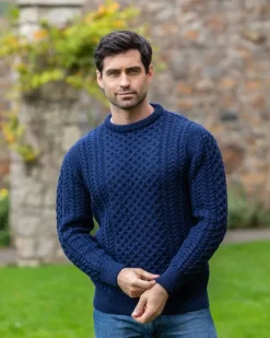 Discount Sweater Shop Unisex Merino Wool Aran Sweater - Deep Water Blue