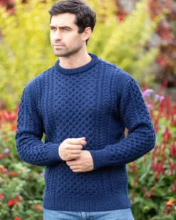 Discount Sweater Shop Unisex Merino Wool Aran Sweater - Deep Water Blue