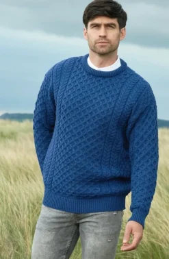 Outlet Sweater Shop Unisex Merino Wool Aran Sweater Denim Blue