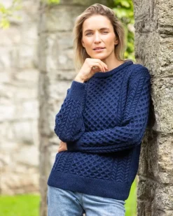 Clearance Sweater Shop Unisex Merino Wool Aran Sweater Deep Water Blue