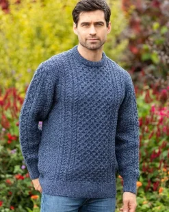 Clearance Sweater Shop Unisex Merino Wool Aran Sweater Denim Marl