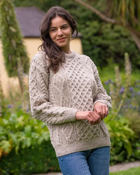 New Sweater Shop Unisex Pure Wool Aran Sweater Oatmeal Fleck