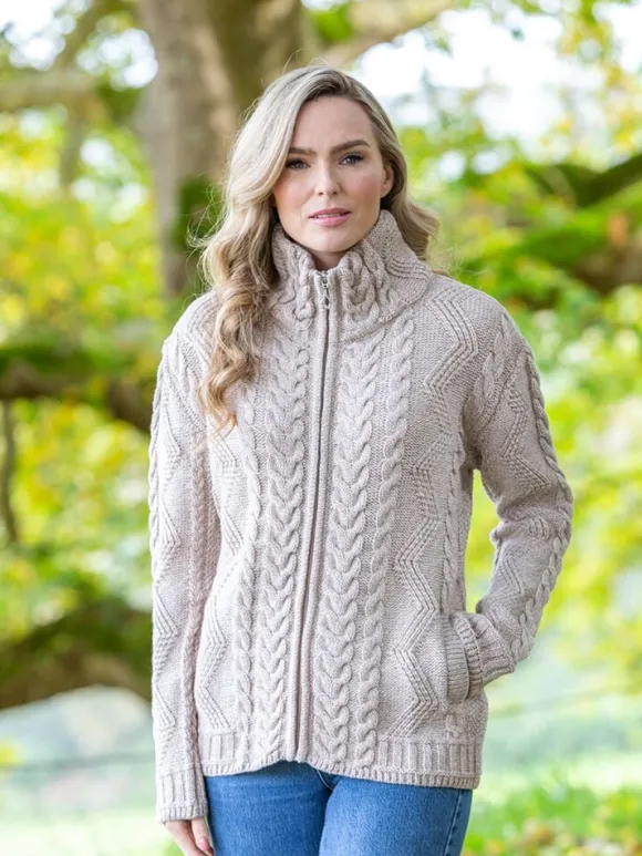 Clearance Sweater Shop Womens Cable Knit Cardigan with Claddagh Zip