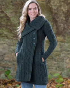 Sale Sweater Shop Womens Long Coat with Chunky Collar Green